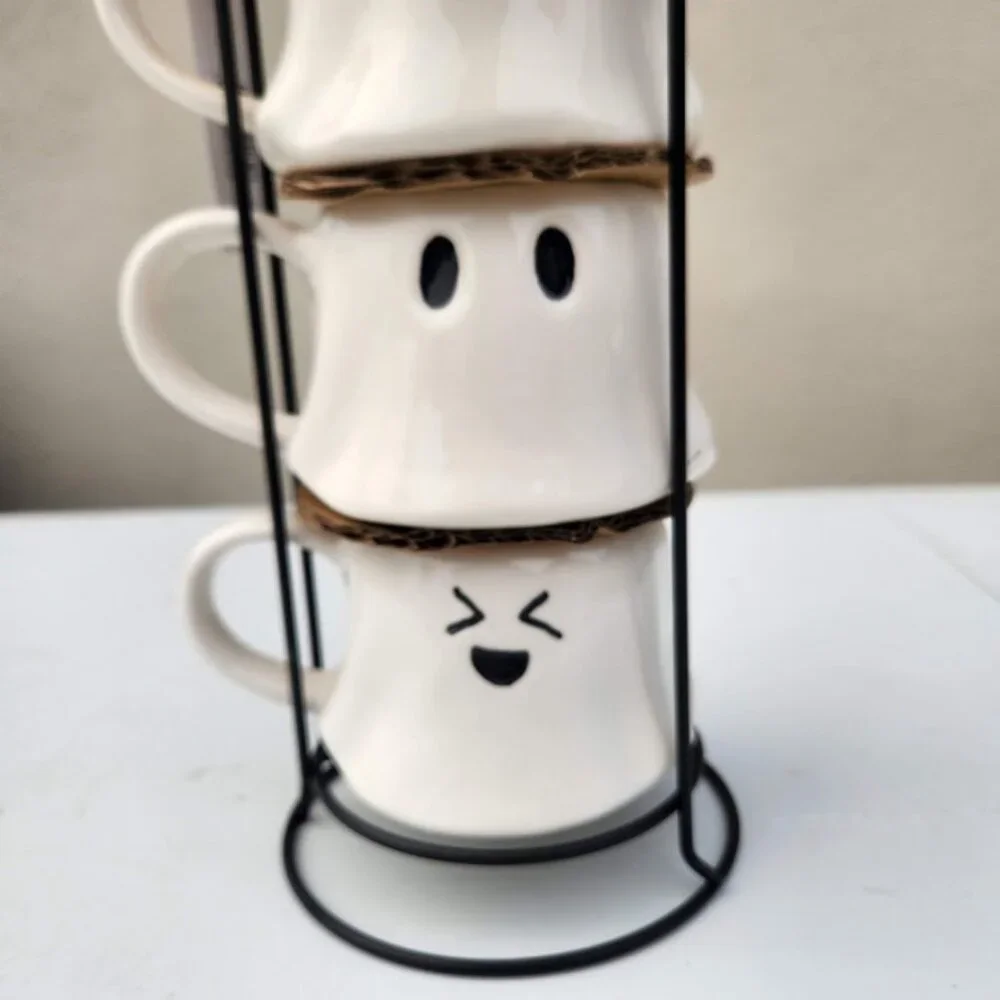 NEW Ceramic Ghost Mugs Mug Set of 4 Stacking Stackable White Stoneware Can hold